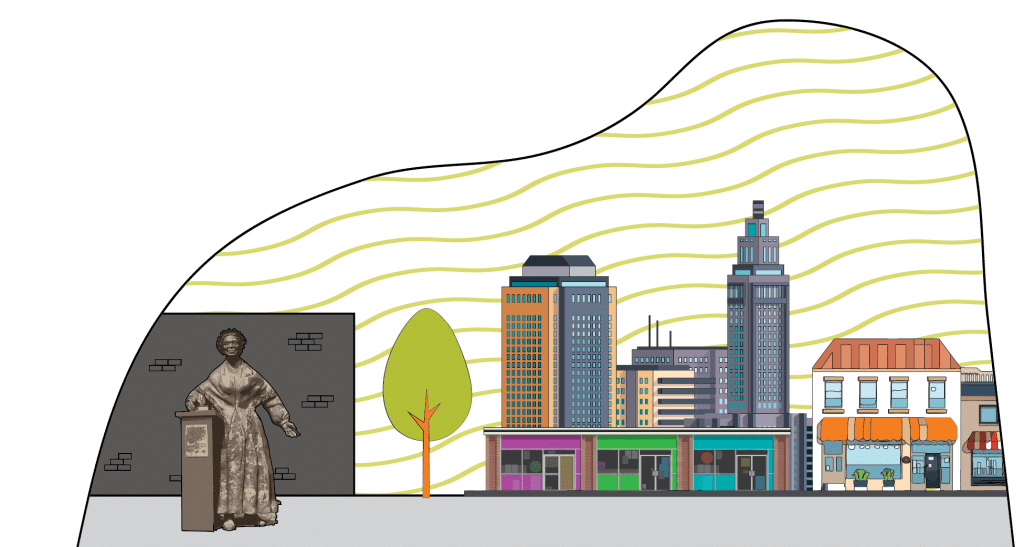 Illustration of downtown Battle Creek that includes Sojourner Truth Monument.