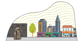 Illustration of downtown Battle Creek that includes Sojourner Truth Monument.