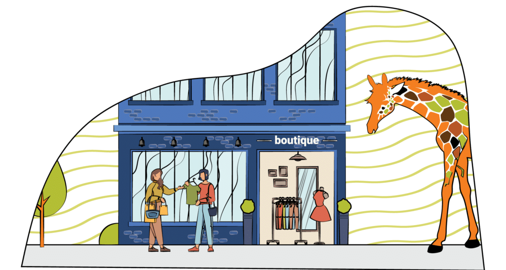 Close up illustration of the City of Battle featuring a retail boutique and Binder Park Zoo.