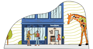 Close up illustration of the City of Battle featuring a retail boutique and Binder Park Zoo.