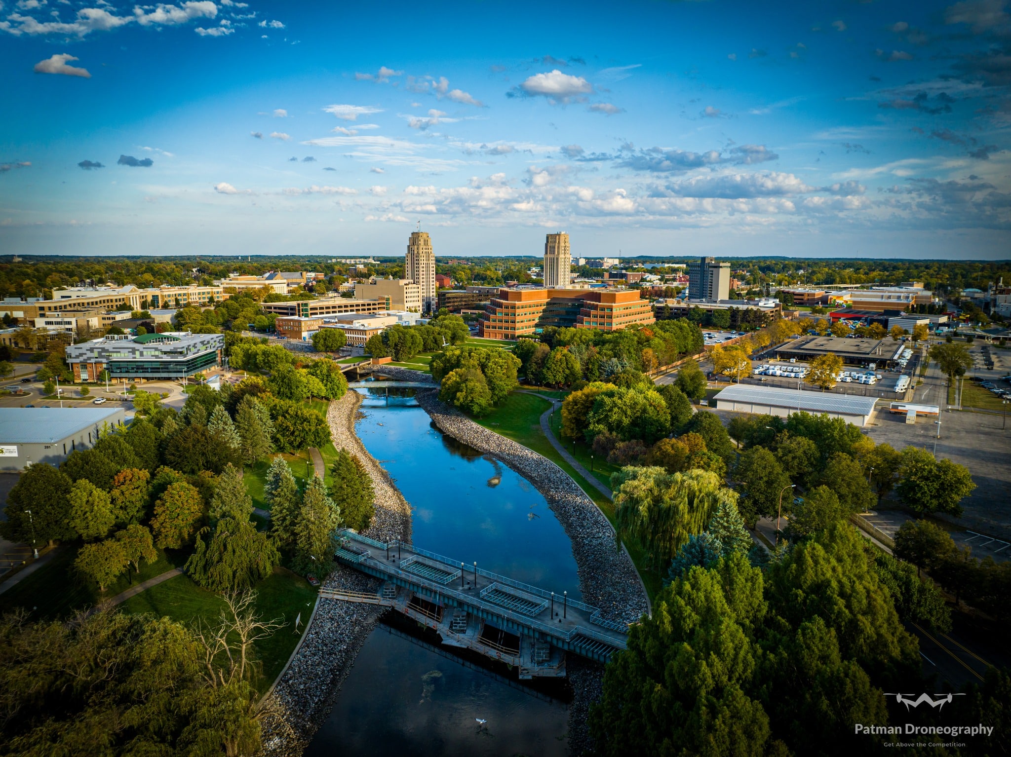 Aerial photo of Downtown Battle Creek, including the Kalamazoo River, by Patman Droneography.